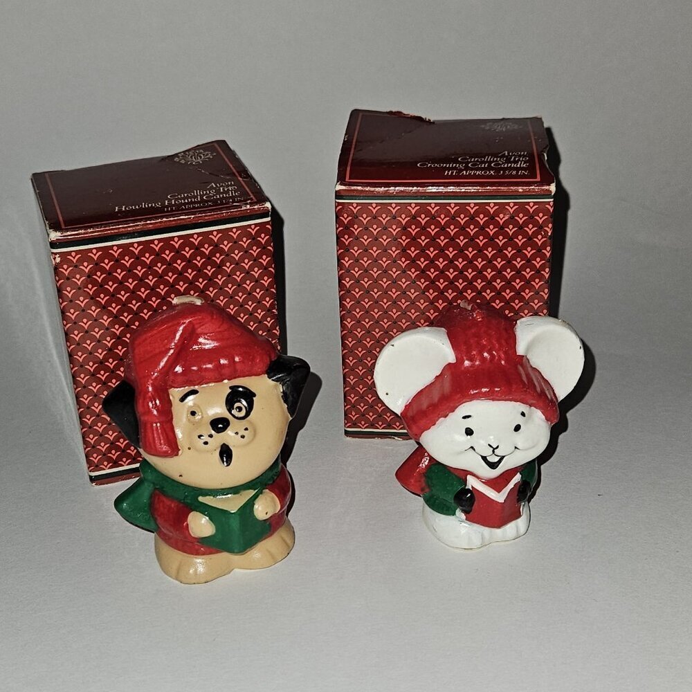 2 VTG 1981 Avon Carol Carolling Trio Candle Lot Howling Hound Melodic Mouse READ